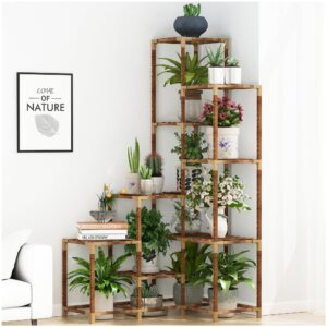 homkirt plant stand indoor outdoor, 14 tier large corner plant stand tall plant shelf rack flower stand for multiple plants, wood plant holder ladder table display for patio garden balcony window