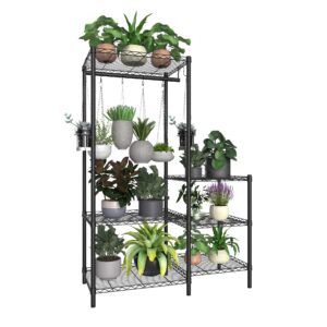 Xiofio 6-Tier Plant Stand for Indoor Outdoor, Large Reinforced Plant Shelf for Multiple Plants for Hanging ,Adjustable,Suitable for Bedroom Living Room Balcony Garden,Black