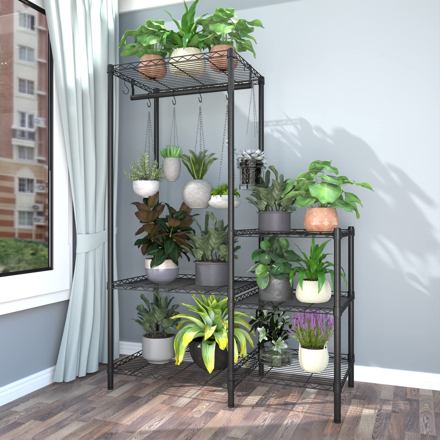 Xiofio 6-Tier Plant Stand for Indoor Outdoor, Large Reinforced Plant Shelf for Multiple Plants for Hanging ,Adjustable,Suitable for Bedroom Living Room Balcony Garden,Black