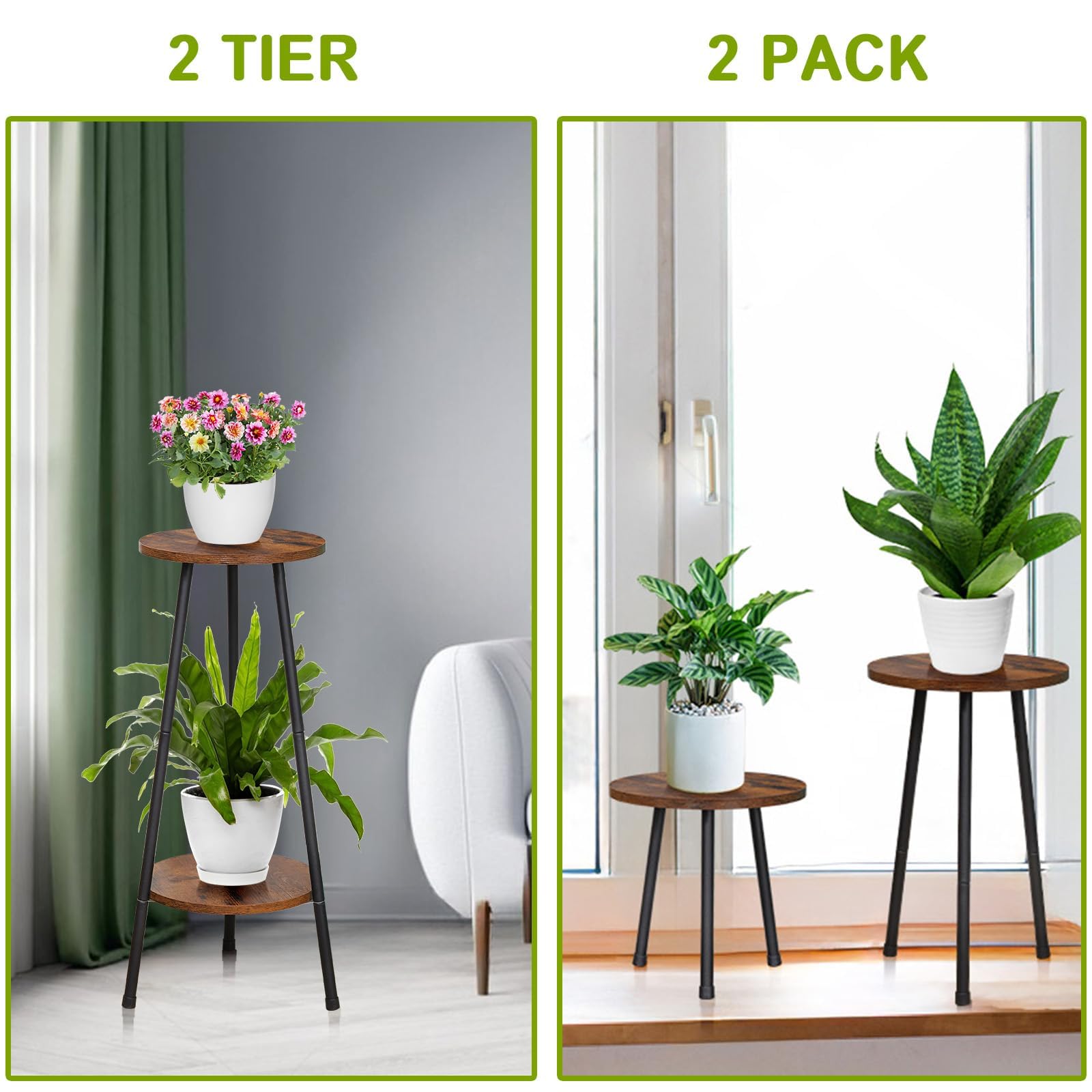 Peyulia 2 Tier Wooden Plant Stand, Adjustable Heavy Duty Plant Holder, Mid-Century Wooden Style Plant Shelf, Small Round Table for Indoor Outdoor Storage of Various Plants