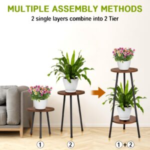 Peyulia 2 Tier Wooden Plant Stand, Adjustable Heavy Duty Plant Holder, Mid-Century Wooden Style Plant Shelf, Small Round Table for Indoor Outdoor Storage of Various Plants