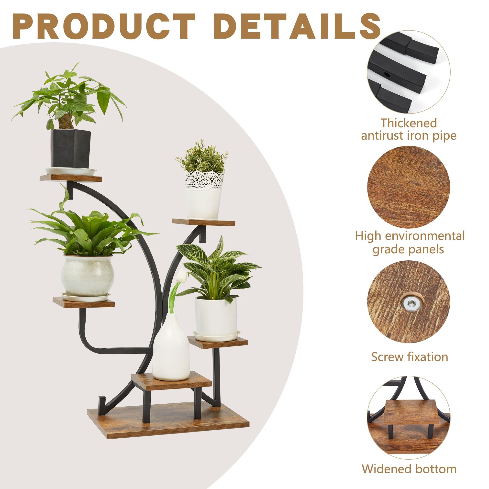 SSYH-WANG 5 Tier Plant Stand Indoor, Tiered Plant Stands Wood Metal For Outdoor Multiple, Flower Shelf Plants Holder Display Rack For Corner Patio Garden Balcony Bedroom Living Room, Brown