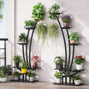 tribesigns 6-tier tall indoor plant stand pack of 2, metal curved display shelf with 2 hanging hooks, multi-purpose bonsai flower pots plant rack for indoor, garden, balcony, living room, black