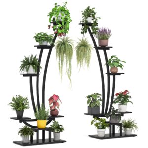 Tribesigns 6-Tier Tall Indoor Plant Stand Pack of 2, Metal Curved Display Shelf with 2 Hanging Hooks, Multi-Purpose Bonsai Flower Pots Plant Rack for Indoor, Garden, Balcony, Living Room, Black