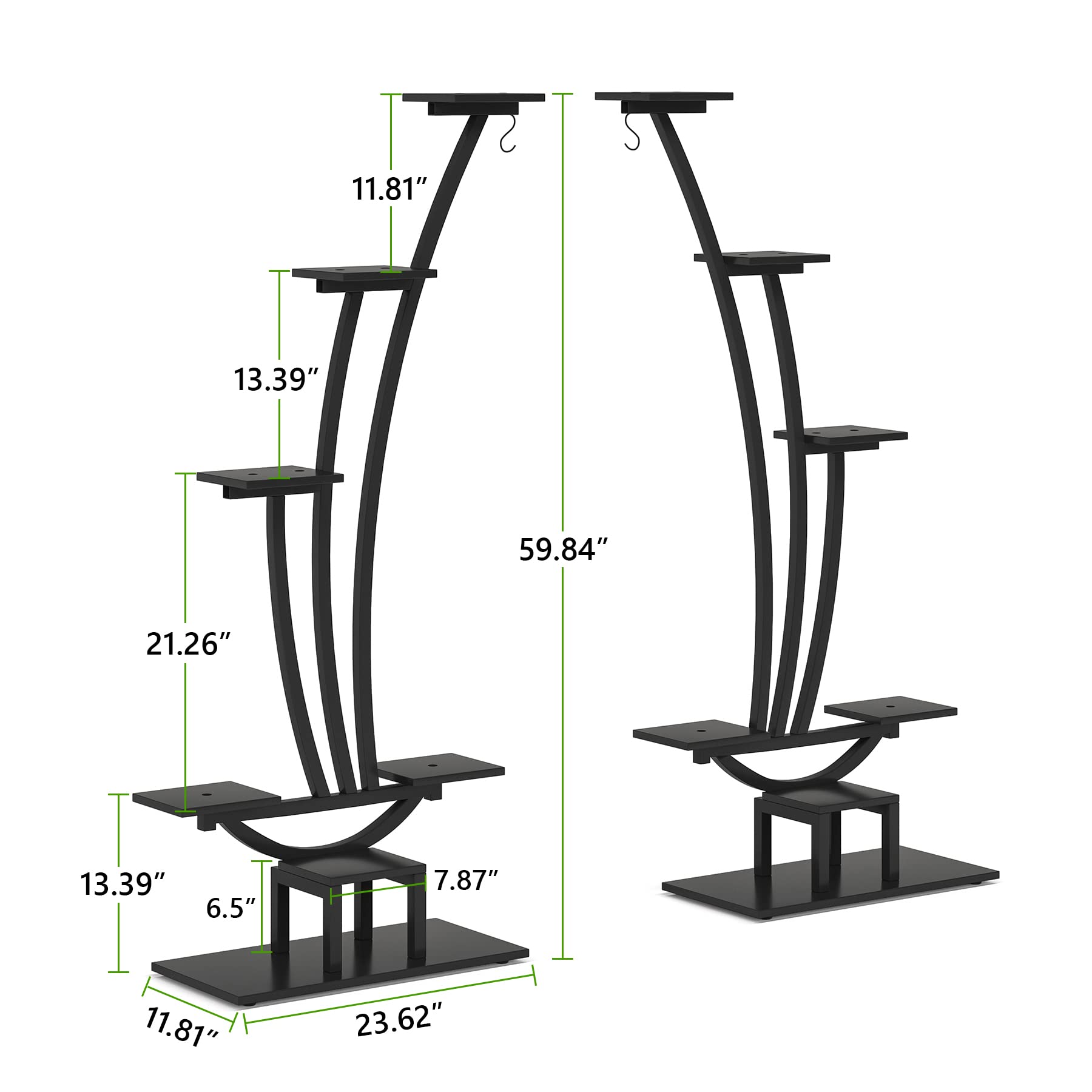 Tribesigns 6-Tier Tall Indoor Plant Stand Pack of 2, Metal Curved Display Shelf with 2 Hanging Hooks, Multi-Purpose Bonsai Flower Pots Plant Rack for Indoor, Garden, Balcony, Living Room, Black