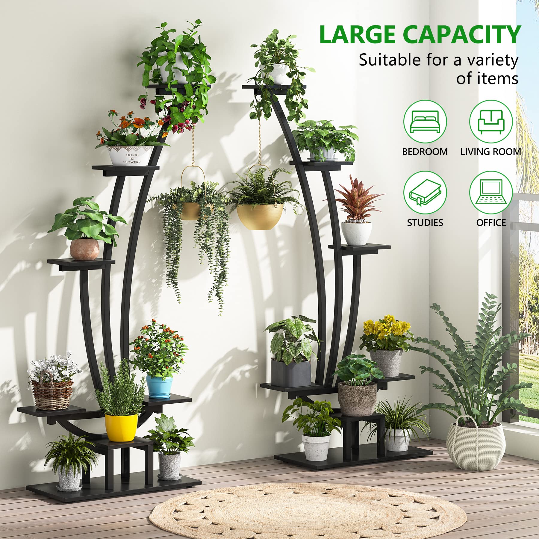 Tribesigns 6-Tier Tall Indoor Plant Stand Pack of 2, Metal Curved Display Shelf with 2 Hanging Hooks, Multi-Purpose Bonsai Flower Pots Plant Rack for Indoor, Garden, Balcony, Living Room, Black