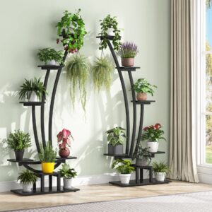 Tribesigns 6-Tier Tall Indoor Plant Stand Pack of 2, Metal Curved Display Shelf with 2 Hanging Hooks, Multi-Purpose Bonsai Flower Pots Plant Rack for Indoor, Garden, Balcony, Living Room, Black