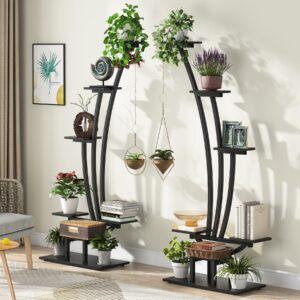 Tribesigns 6-Tier Tall Indoor Plant Stand Pack of 2, Metal Curved Display Shelf with 2 Hanging Hooks, Multi-Purpose Bonsai Flower Pots Plant Rack for Indoor, Garden, Balcony, Living Room, Black