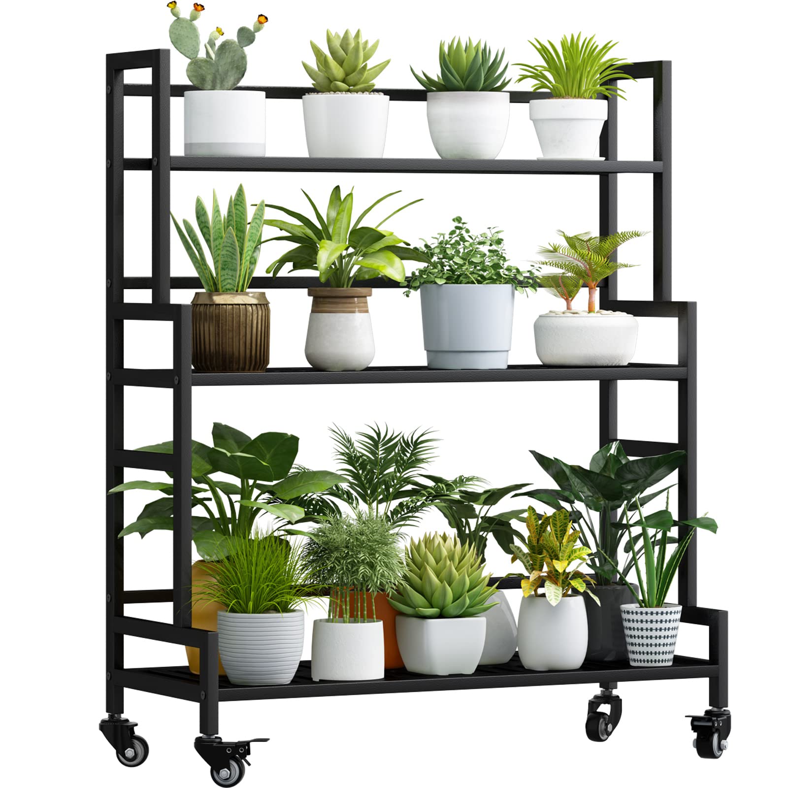 YIZAJIA Plant Stand Indoor 3 Tier Metal Outdoor Tiered Stands Shelf With wheel for Multiple Plants Potted Ladder Plant Holder Table Plant Pot Stand for Window Garden Balcony Living Room (3 Tier-Black)