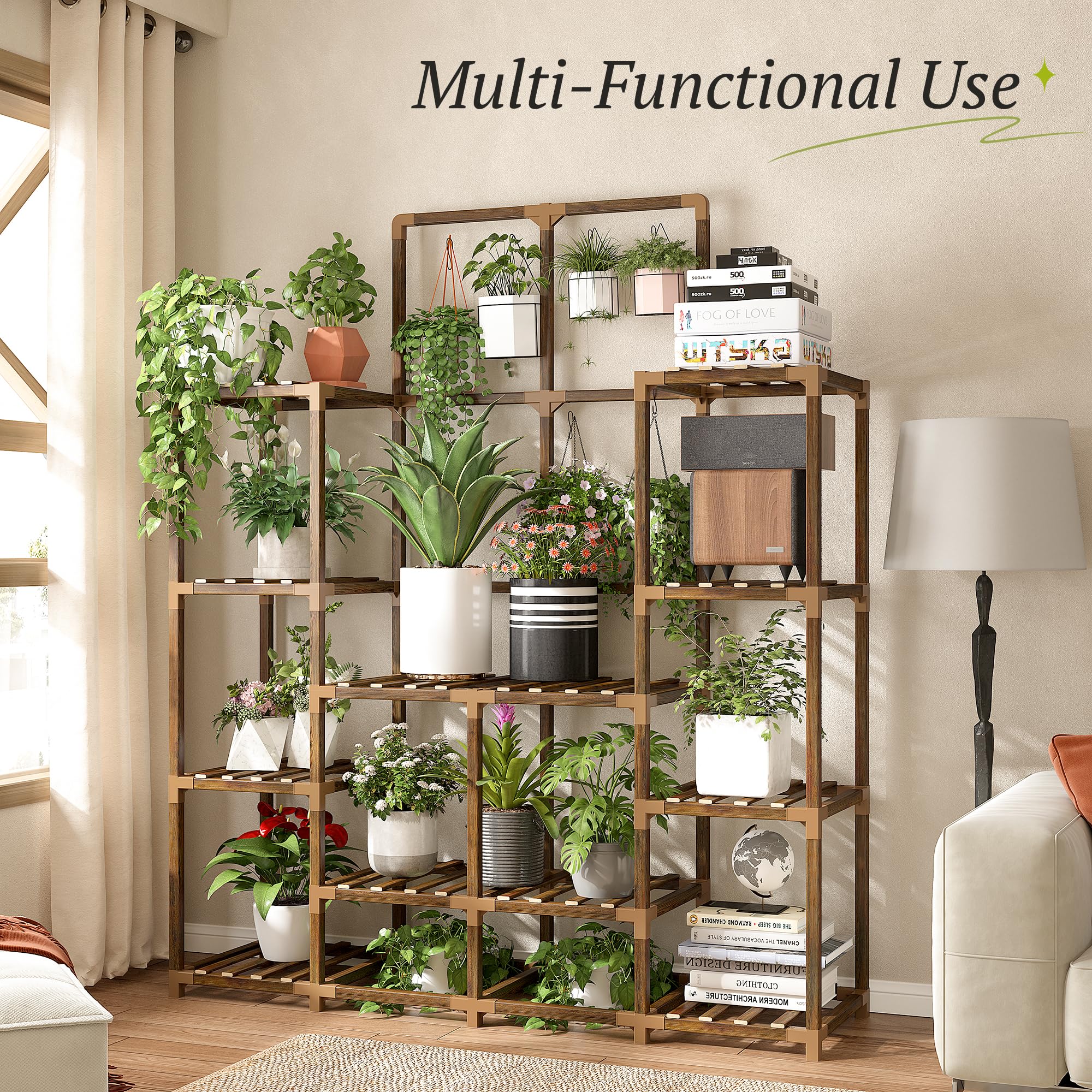 EnHomee Plant Stand Indoor Large Plant Stands Outdoor Wood Tiered Plant Shelf For Multiple Plant, Tall Plant Stand 6 Tiers with 12 Potted Plant Holder Tables Large Plant Rack, 44.9"W x 11.8"D x 62.2"H