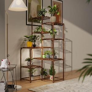 Solatmos Wood Plant Stand With Grow Lights Indoor Plants Outdoor Corner Plant Shelf Flower Stands for Living Room Balcony Garden (9 Pots)