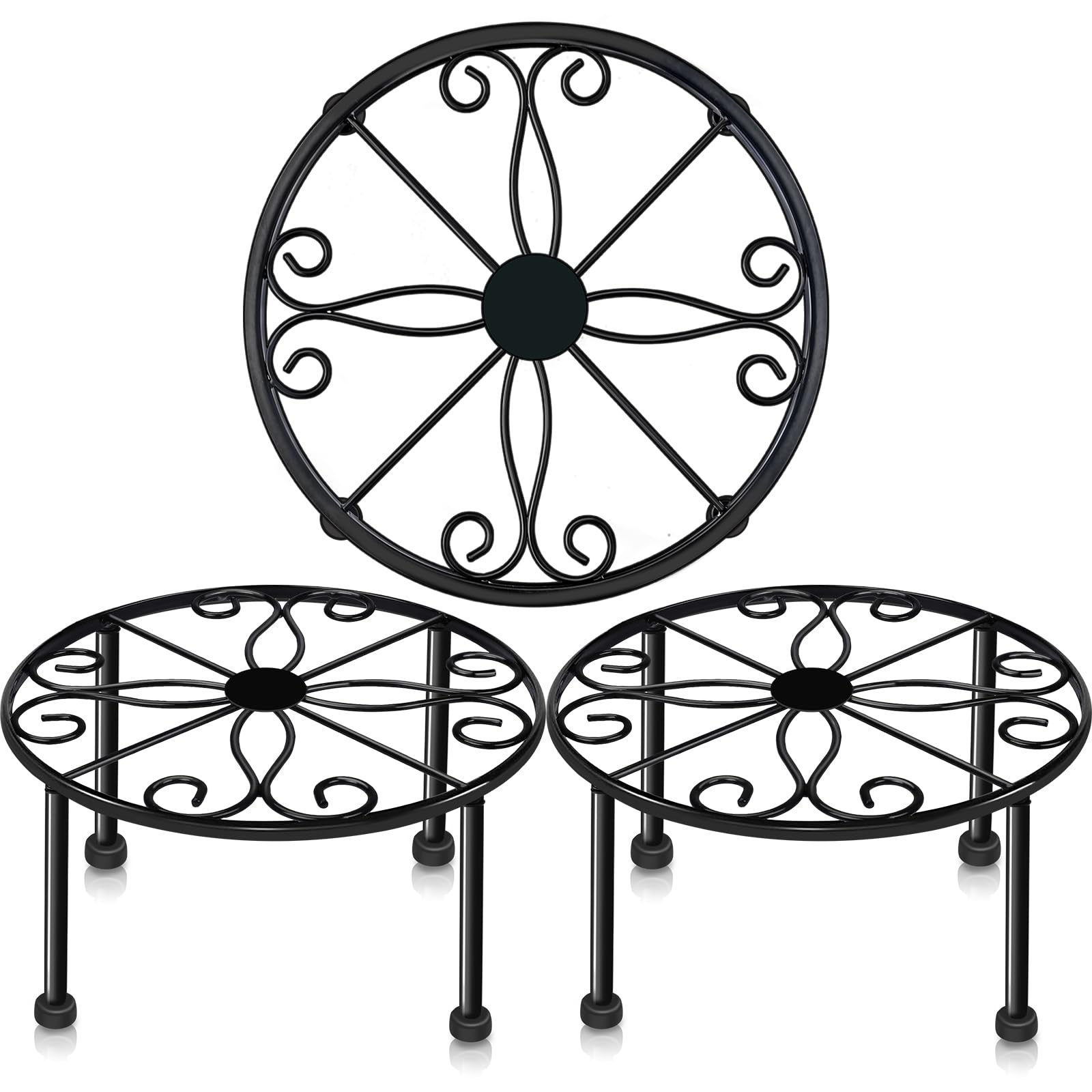 Metal Black Plant Stands，Anti-Rust Iron Plant Pot Shelf，Heavy Duty Round Supports Display Rack，Rustproof Potted Plant Holder，Corner Gardening Pumpkin Stand for Indoors or Outdoors (3 Pack Matte Black)