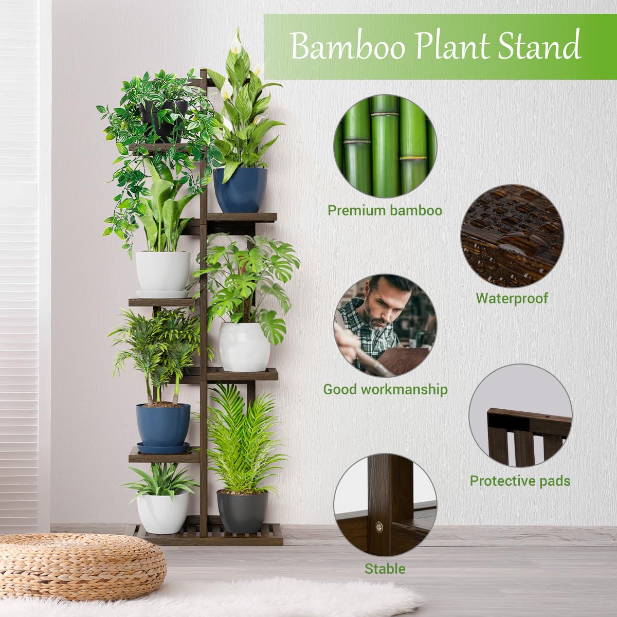 H HOMEXIN Bamboo Plant Stand Indoor & Outdoor, 6 Tier 7 Potted Tall Plant Shelf for Multiple Flower Planter Pot Holder Display Rack for Corner Patio Garden Balcony Living Room Bedroom Apartment