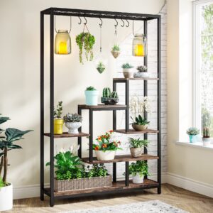 tribesigns 5-tier tall indoor plant stand, 70.9 inches large metal plant shelf with 6pc s hanging hooks, multi-purpose flower bonsai pots display rack for indoor, garden, balcony, living room