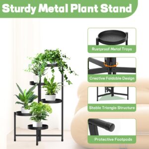 KMOTASUO 5 Tier Metal Plant Stand Indoor Outdoor, Foldable Corner Tall Plant Stands for Plants Multiple, Tiered Plant Shelf Flower Pot Holder Display Rack for Patio Garden Balcony Living Room