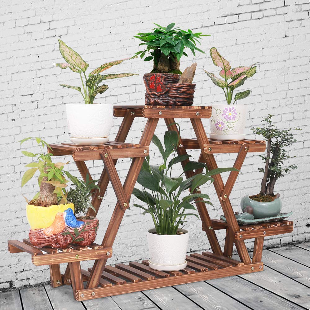 COOGOU Wood Plant Stand Indoor, 6 Tiered Plant Shelf for Multiple Plants RackTriangle , A Shape Corner Flower Pot Holder for Windowsill Patio Balcony Garden Living Room (Retro,Wooden)