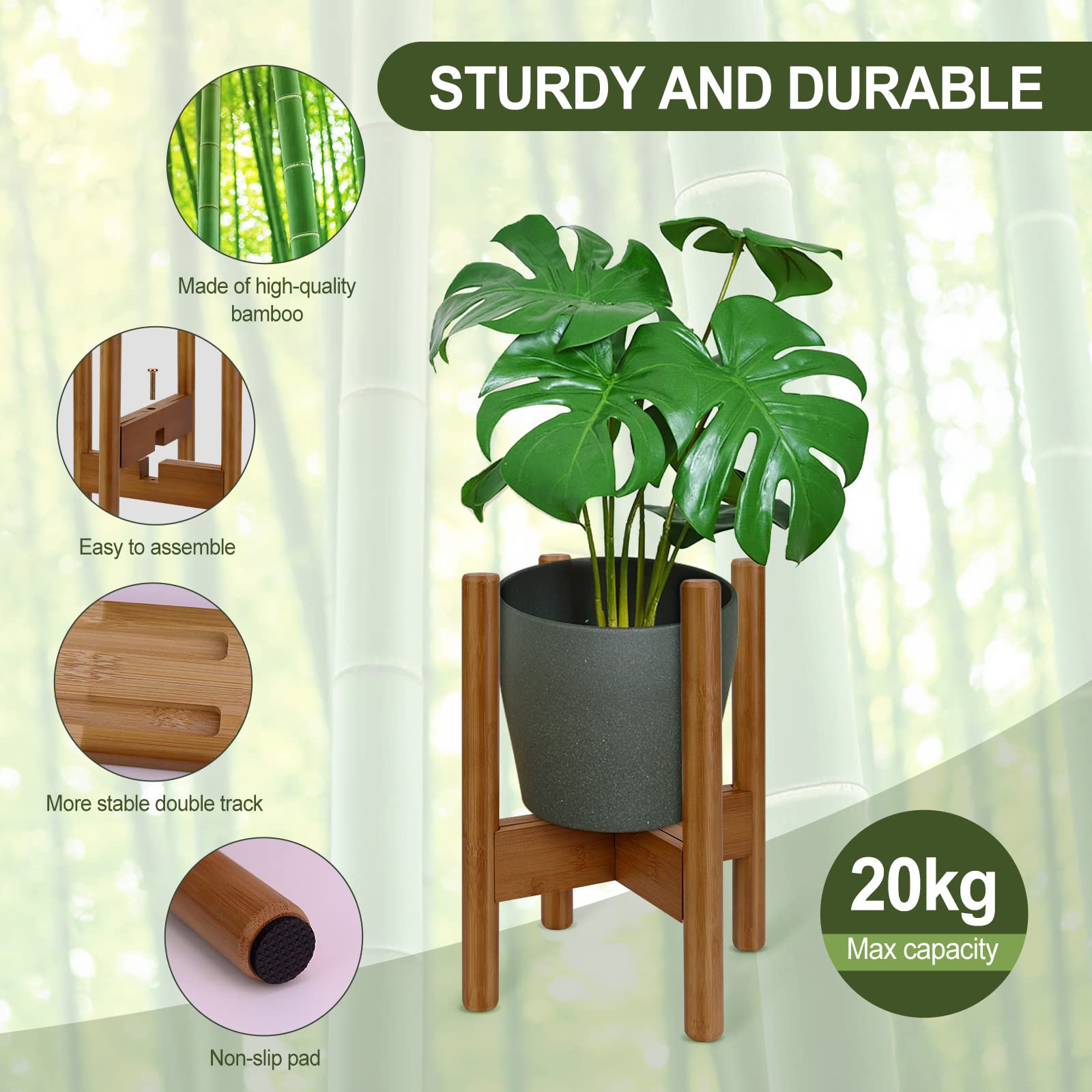 Blvornl 1 Pack Adjustable Plant Stand Indoor, 11.8 in Mid Century Plant Holder, Stable Bamboo Plant Stand for 7-11in Flower Potts (Excluding Potted Plants) (Dark Brown)