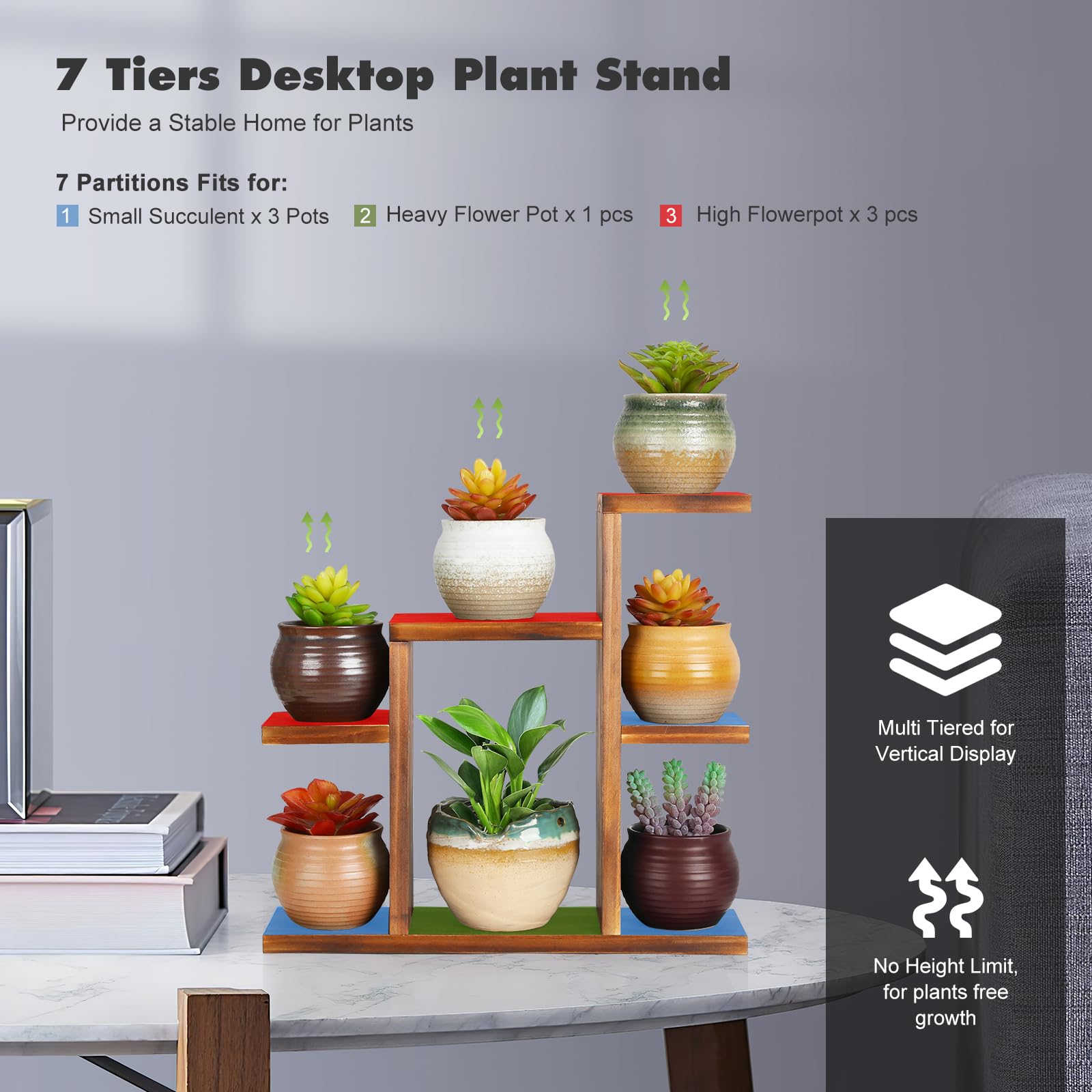 OcBuct Small Desk Plant Stand 7 Tiers Window Sill Plant Shelf Tabletop Succulent Stand Wood Desktop Flower Pot Stand Holder Plant Rack for Windowsill Desktop Window Ledge Countertop Narrow Space