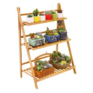 Ufine Bamboo Ladder Plant Stand 3 Tier Foldable Flower Pot Display Shelf Rack for Indoor Outdoor Home Patio Lawn Garden Balcony Organizer Planter Holder