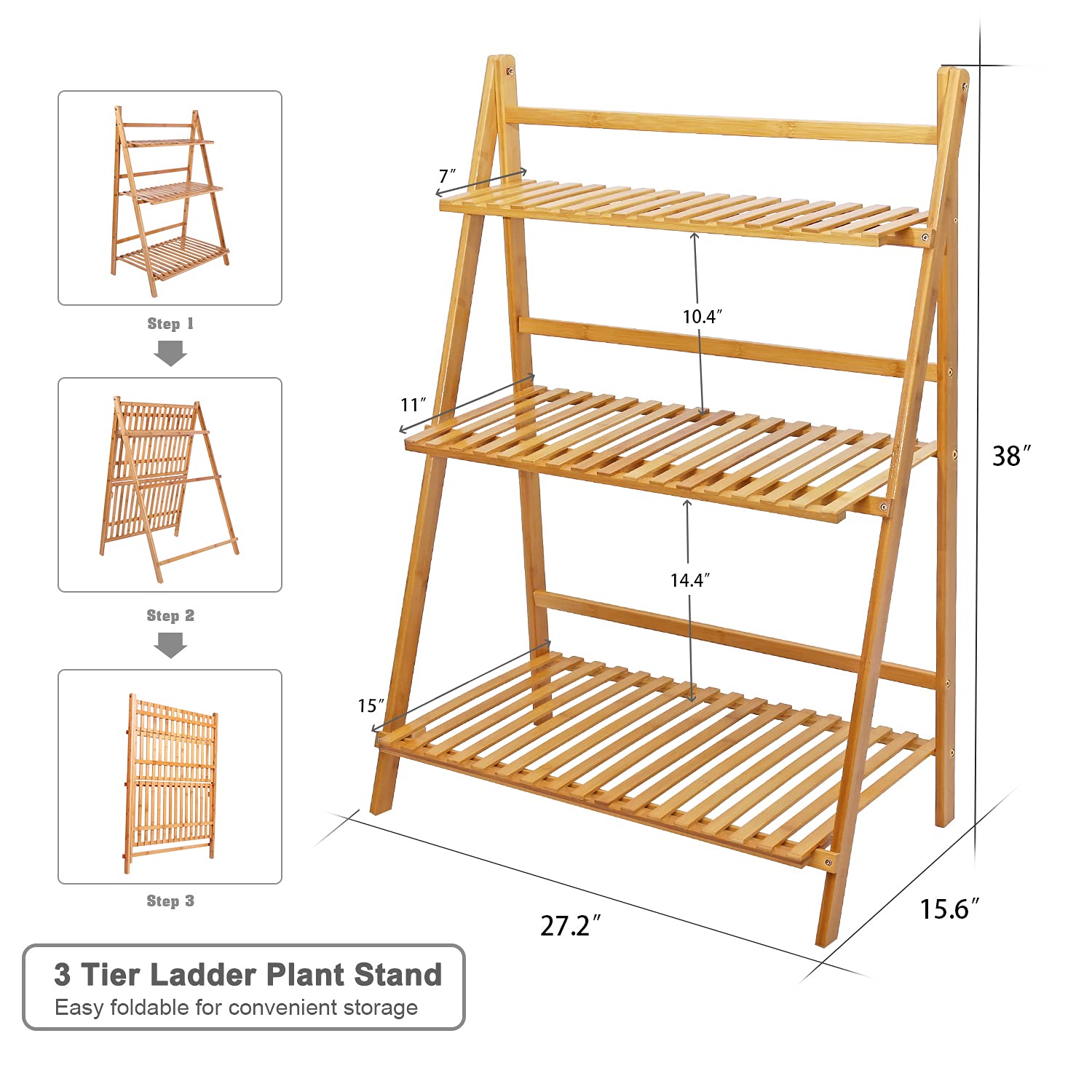 Ufine Bamboo Ladder Plant Stand 3 Tier Foldable Flower Pot Display Shelf Rack for Indoor Outdoor Home Patio Lawn Garden Balcony Organizer Planter Holder