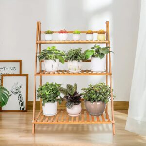 Ufine Bamboo Ladder Plant Stand 3 Tier Foldable Flower Pot Display Shelf Rack for Indoor Outdoor Home Patio Lawn Garden Balcony Organizer Planter Holder