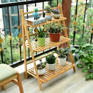 Ufine Bamboo Ladder Plant Stand 3 Tier Foldable Flower Pot Display Shelf Rack for Indoor Outdoor Home Patio Lawn Garden Balcony Organizer Planter Holder