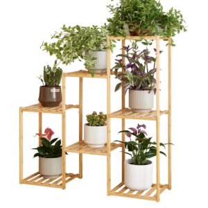 Plant Stand Indoor Plant Stands Bamboo Outdoor Tiered Plant Shelf for Multiple Plants, 3 Tiers 7 Potted Ladder Plant Holder Table Plant Pot Stand for Window Garden Balcony Living Room Corner (Natural)