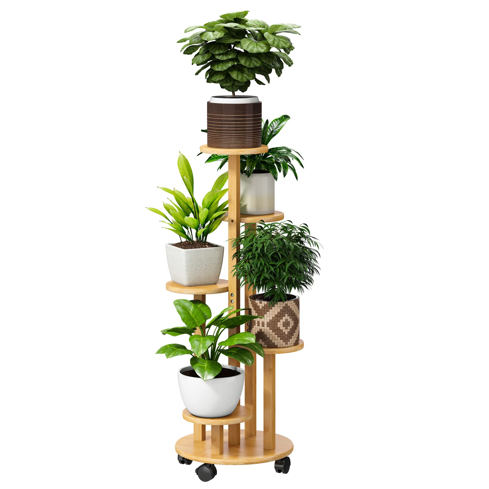 FILWH Plant Stand For Outdoor Indoor Tall Bamboo Movable Flower Stand With Wheels Plant Shelf Pot Holder Plants Corner Display Rack Multiple Planter For Living Room Balcony Garden Patio (Natural)