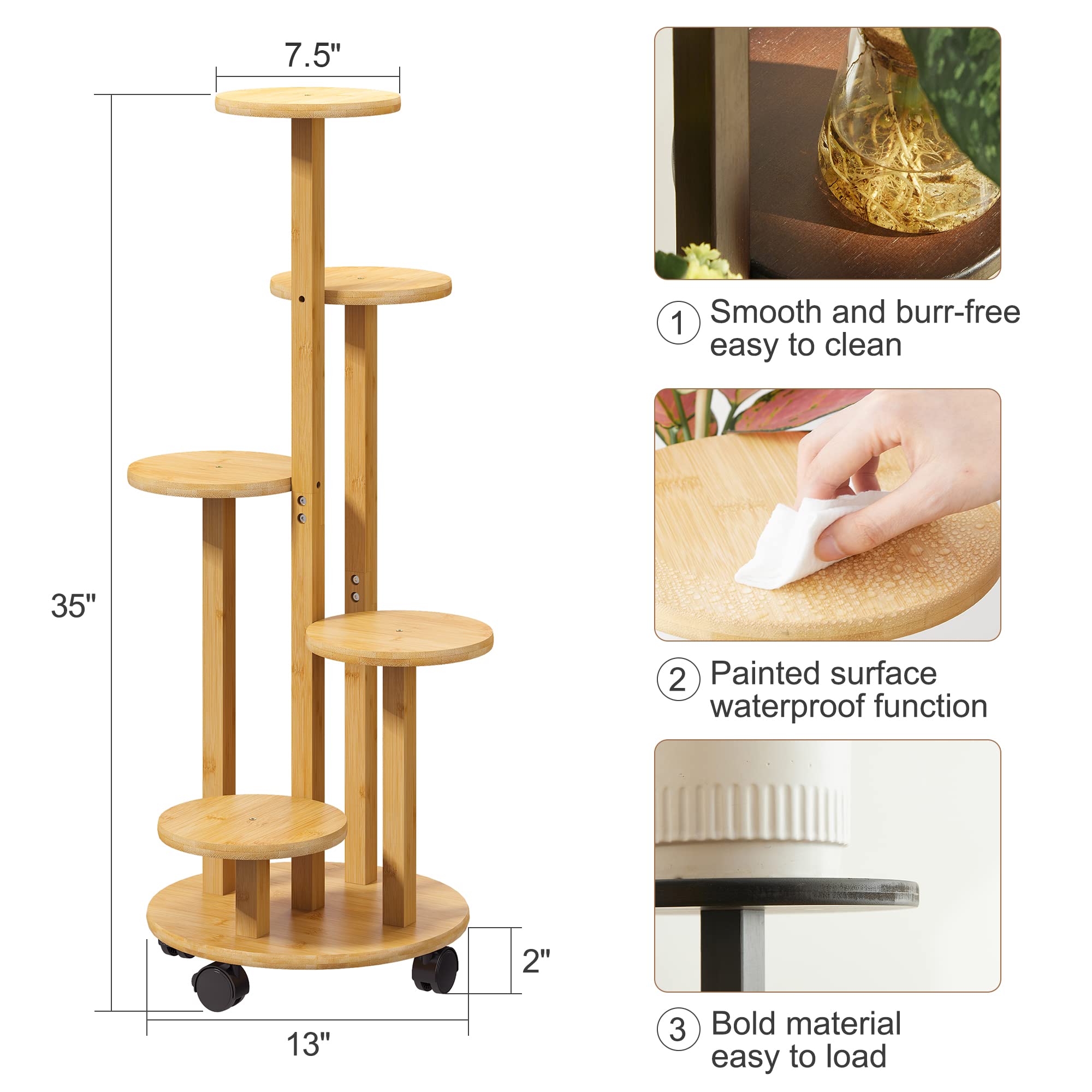 FILWH Plant Stand For Outdoor Indoor Tall Bamboo Movable Flower Stand With Wheels Plant Shelf Pot Holder Plants Corner Display Rack Multiple Planter For Living Room Balcony Garden Patio (Natural)