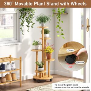 FILWH Plant Stand For Outdoor Indoor Tall Bamboo Movable Flower Stand With Wheels Plant Shelf Pot Holder Plants Corner Display Rack Multiple Planter For Living Room Balcony Garden Patio (Natural)