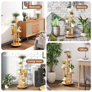 FILWH Plant Stand For Outdoor Indoor Tall Bamboo Movable Flower Stand With Wheels Plant Shelf Pot Holder Plants Corner Display Rack Multiple Planter For Living Room Balcony Garden Patio (Natural)