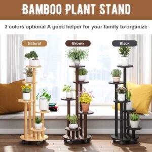 FILWH Plant Stand For Outdoor Indoor Tall Bamboo Movable Flower Stand With Wheels Plant Shelf Pot Holder Plants Corner Display Rack Multiple Planter For Living Room Balcony Garden Patio (Natural)