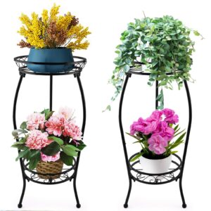 Kataslly 2 Pack 2 Tier Metal Plant Stands Indoor Outdoor, Tall Wrought Iron Flower Pot Shelf for Multiple Plants, Corner Plant Holder Rack for Patio Garden Kitchen Balcony Living Room