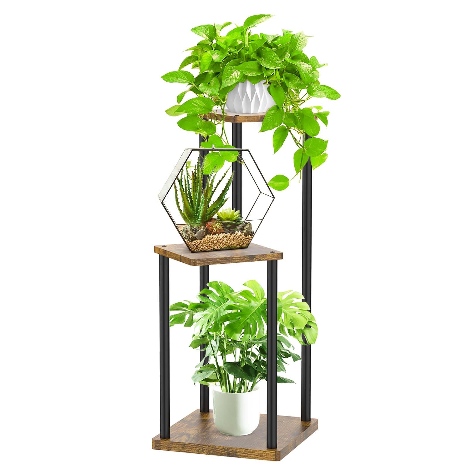 Oppro 3 Tier Plant Stands Indoor, Metal Wood Tiered Corner Plant Stand Pot Holder, Wood Flower Shelf Display Rack for Living Room Bedroom Outdoor Balcony Garden Patio, Black