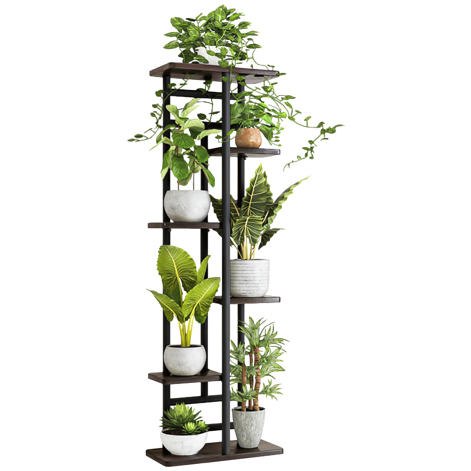 6 Tier 7 Potted Wood Tall Plant Stand Metal Rack Indoor, YOCOMEY Multiple Flower Pot Holder Shelves Corner Rack, Planter Shelf Display Rack Storage Organizer for Patio Living Room Balcony