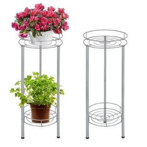 shinoske 2packs plant stands for indoor outdoor,2 tier rustproof corner flower pot stands,27.9 inch tall flower stands indoor for garden,patio,living room,corner,office(sliver)