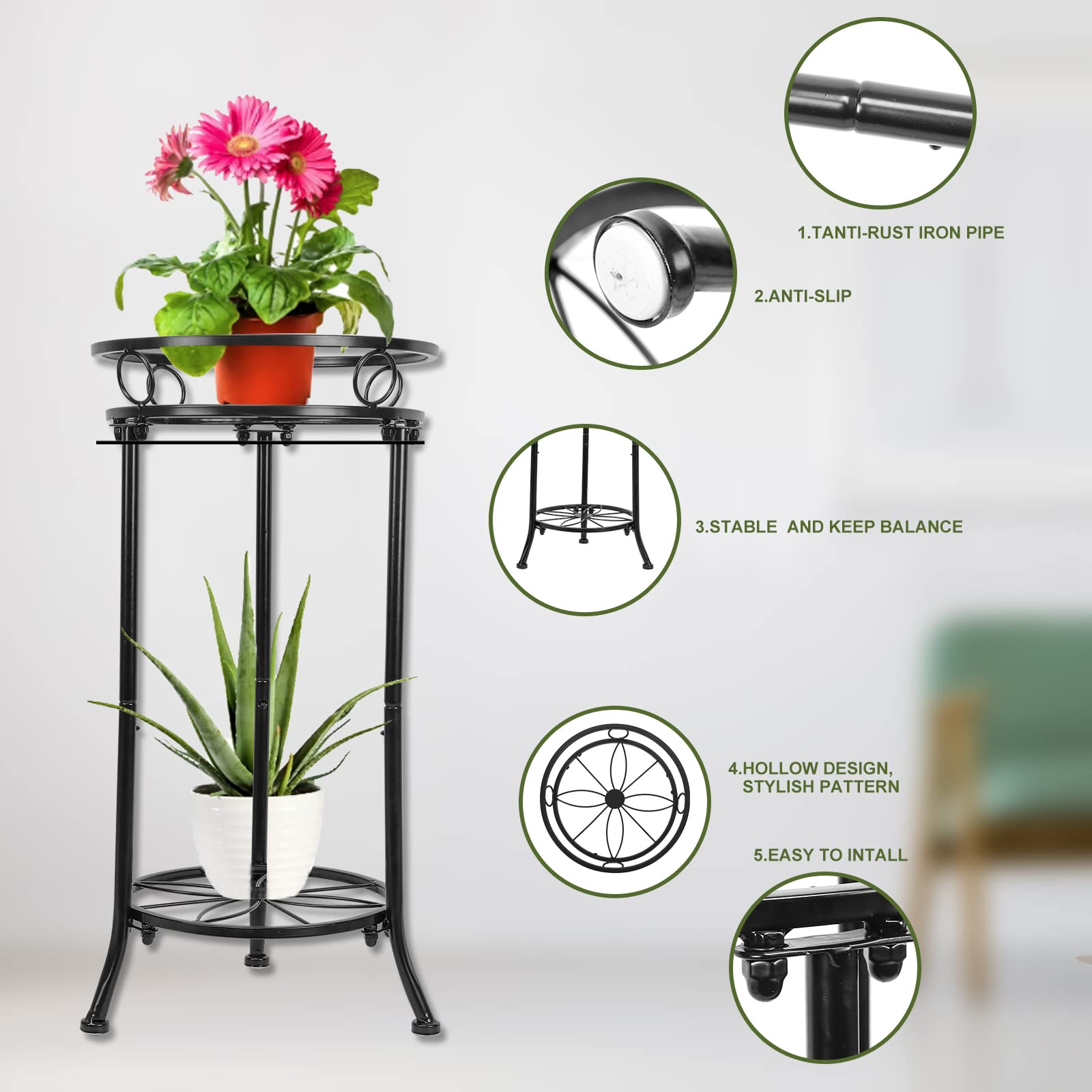 Plant Stands Indoor Outdoor, Metal Multiple Potted Plant Rack Holder, 2 Tier Tall Patio Flower Pot Stand for Corner, Anti-Rust 20.3" (Black)