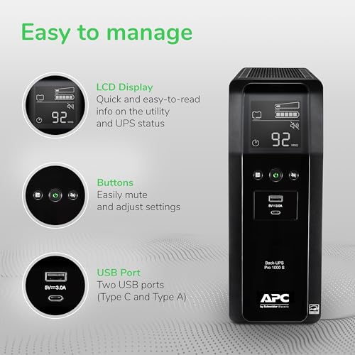 APC UPS 1000VA Sine Wave UPS Battery Backup and Surge Protector, BR1000MS Backup Battery Power Supply with AVR, (2) USB Charger Ports