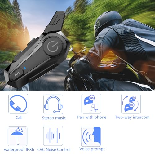 Wipeeyes Motorcycle Headset E1 Helmet Intercom Headset with CVC Noise Cancellation Stereo Music IPX6 Waterproof for Full face Helmet