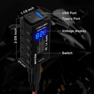 BATIGE Motorcycle USB Charger SAE to USB Adapter Type C and Quick Charge USB 3.0 with Voltmeter, ON/Off Switch and 3.6FT SAE Extension Cable Waterproof 3 Install Options for GPS Smartphone Camera