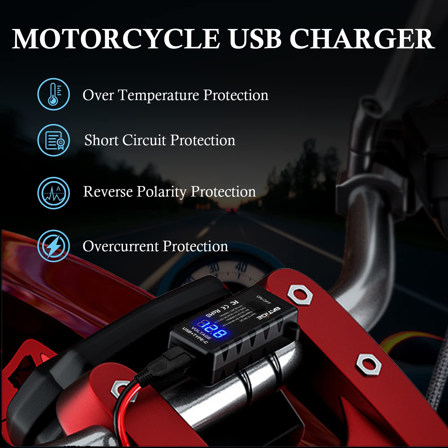 BATIGE Motorcycle USB Charger SAE to USB Adapter Type C and Quick Charge USB 3.0 with Voltmeter, ON/Off Switch and 3.6FT SAE Extension Cable Waterproof 3 Install Options for GPS Smartphone Camera