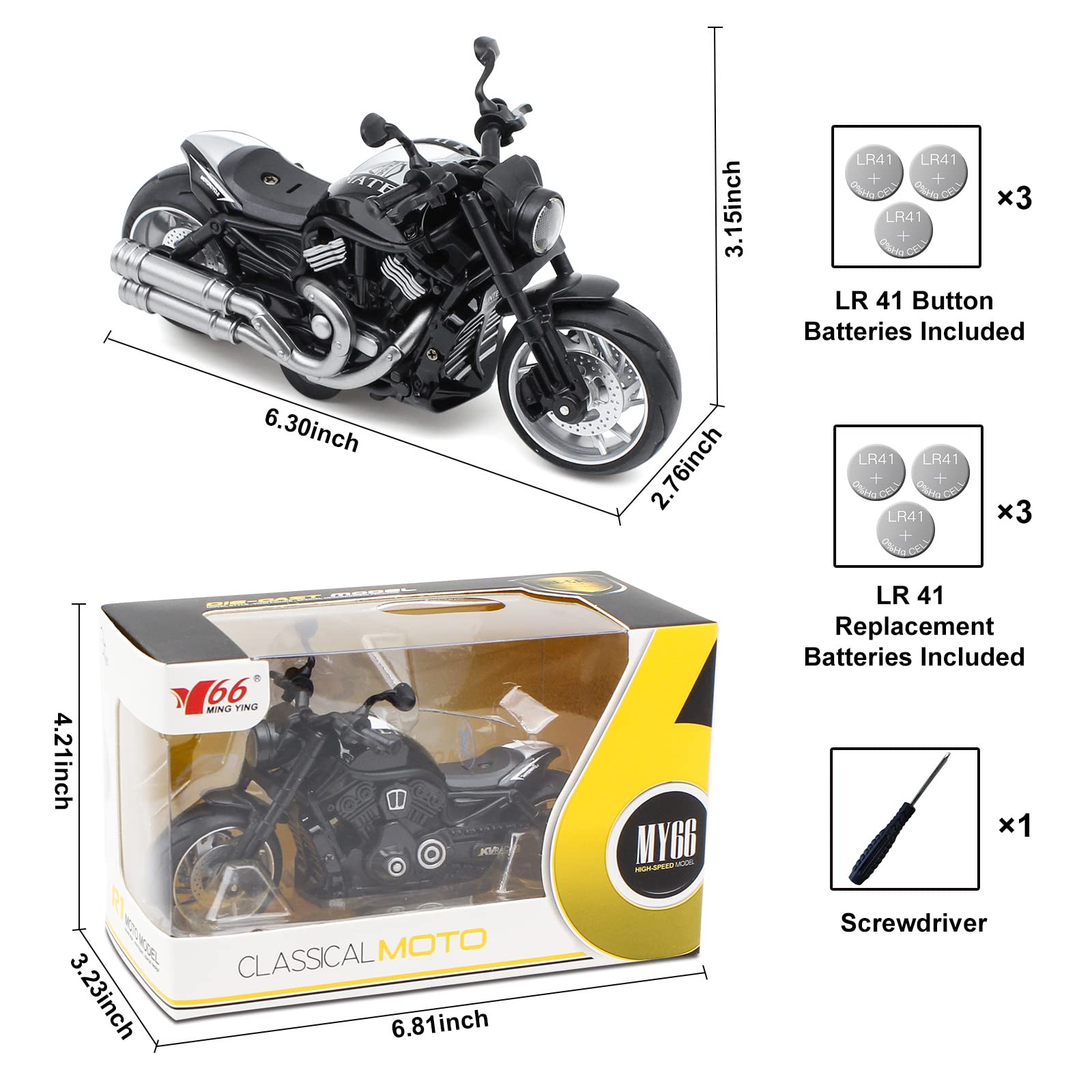 Ming You Pull Back Motorcycle Toys - Toy Motorcycle with Flashing Light up and Sounds for Aged 3+ Kids Christmas Birthday Gifts. (Black)