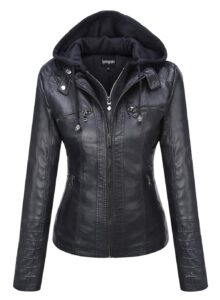 springrain women's faux leather jacket moto biker coat with detachable hood motorcycle jacket (xx-large, black)