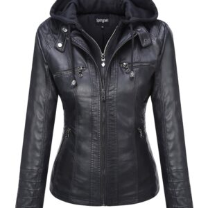 Springrain Women's Faux Leather Jacket Moto Biker Coat with Detachable Hood Motorcycle Jacket (XX-Large, Black)