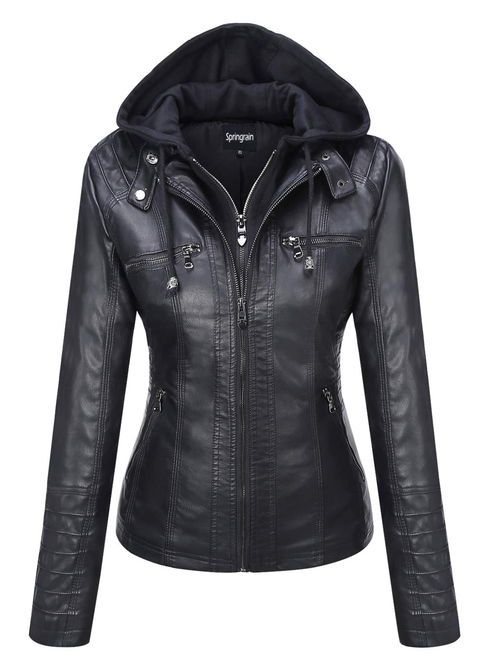 Springrain Women's Faux Leather Jacket Moto Biker Coat with Detachable Hood Motorcycle Jacket (XX-Large, Black)