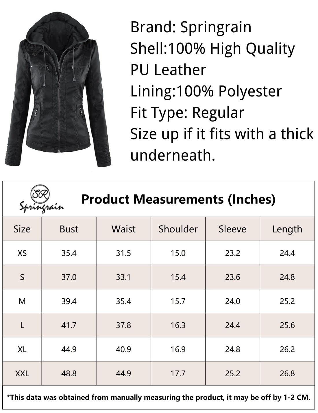 Springrain Women's Faux Leather Jacket Moto Biker Coat with Detachable Hood Motorcycle Jacket (XX-Large, Black)