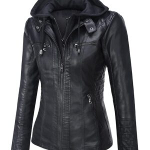 Springrain Women's Faux Leather Jacket Moto Biker Coat with Detachable Hood Motorcycle Jacket (XX-Large, Black)