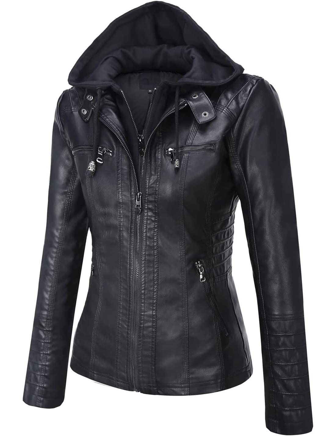 Springrain Women's Faux Leather Jacket Moto Biker Coat with Detachable Hood Motorcycle Jacket (XX-Large, Black)