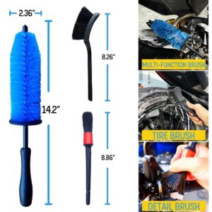 Motorcycle Cleaning Brush Kit 6 Pack, Easy Reach Brush, Chain Brush,Wool Wash Mitt, Stiff Tire Brush, Detailing Brush& Microfiber Towel for Motorcycle Mudguard, Rims,Exhaust, Frame Detailing Wash Kit