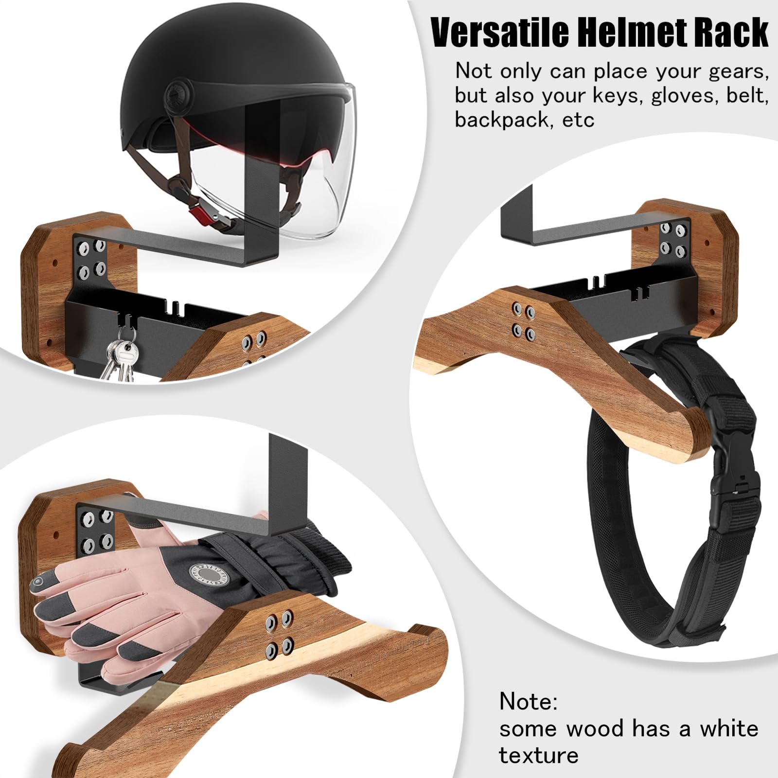 BoldByPIN Helmet Holder Motorcycle Helmet Rack Wall Mount, Solid Wood & Heavy Duty Steel Helmet Wall Mount for Motorcycle/Football/Cycling Skiing/Tactical Gear Wall Hanger